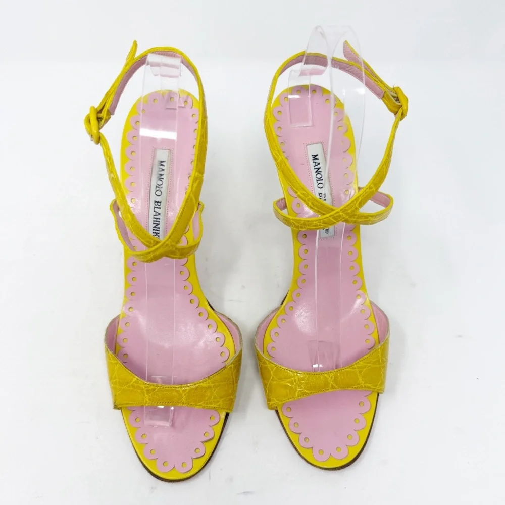 Manolo Blahnik Yellow Croc Embossed Strappy Sandals Pink Trim Womens Size EU 40